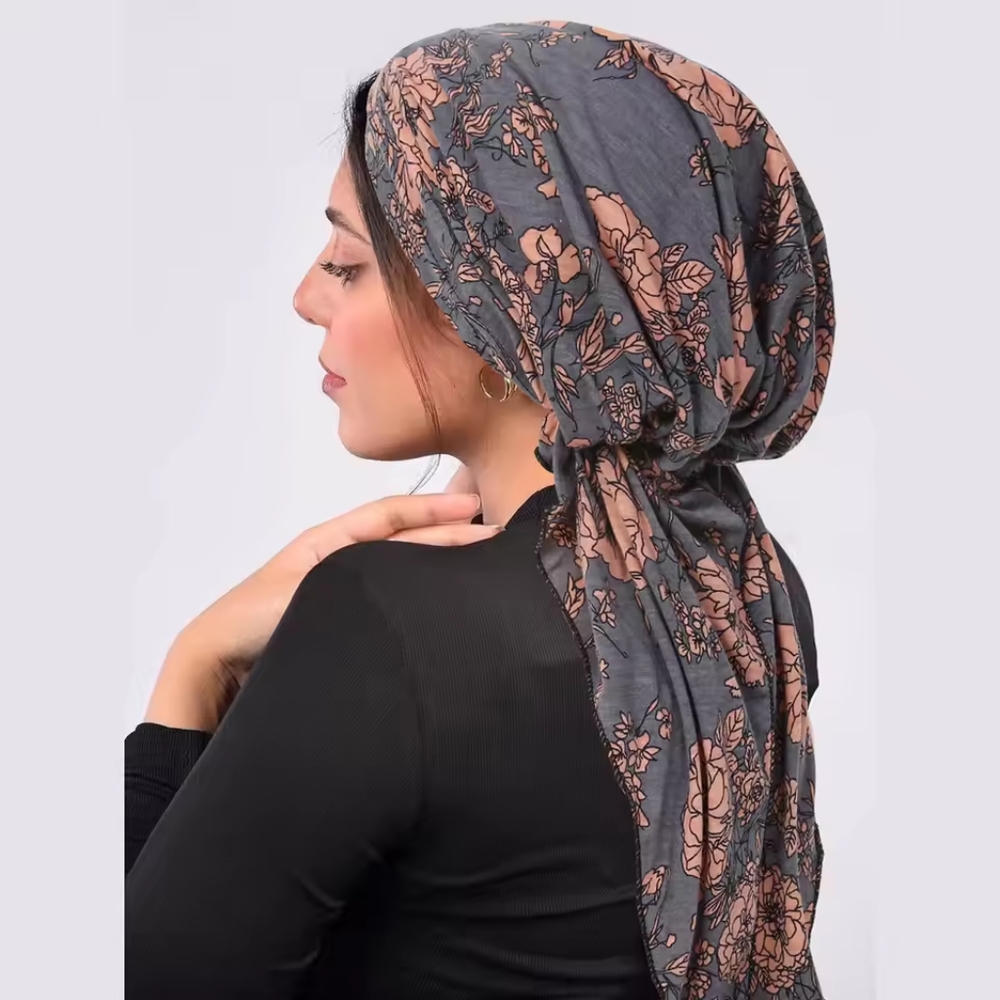 Floral Gray and Pink Pretied Headscarf